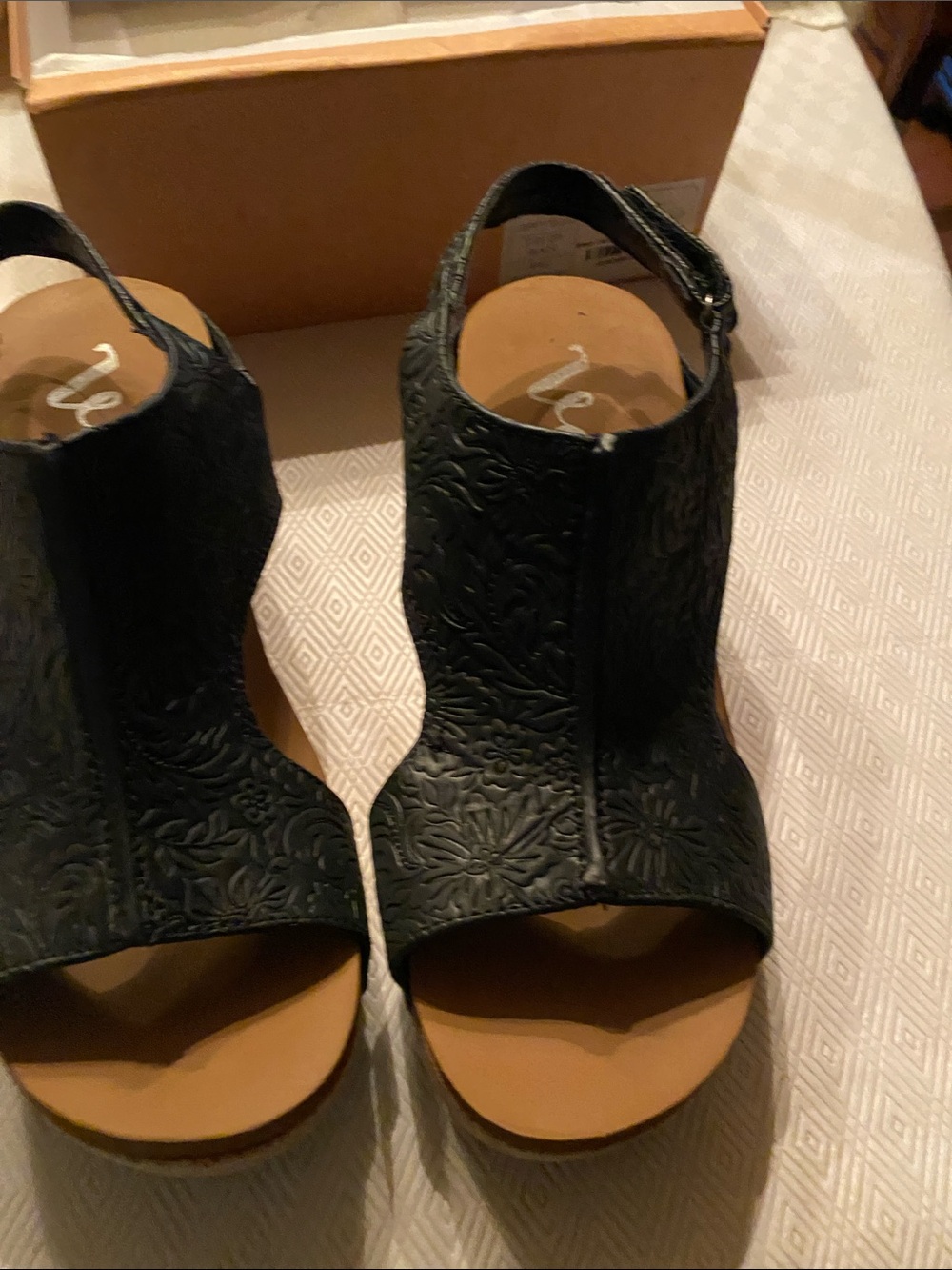 Very G Black Embossed Open-Toe Wedge Sandals